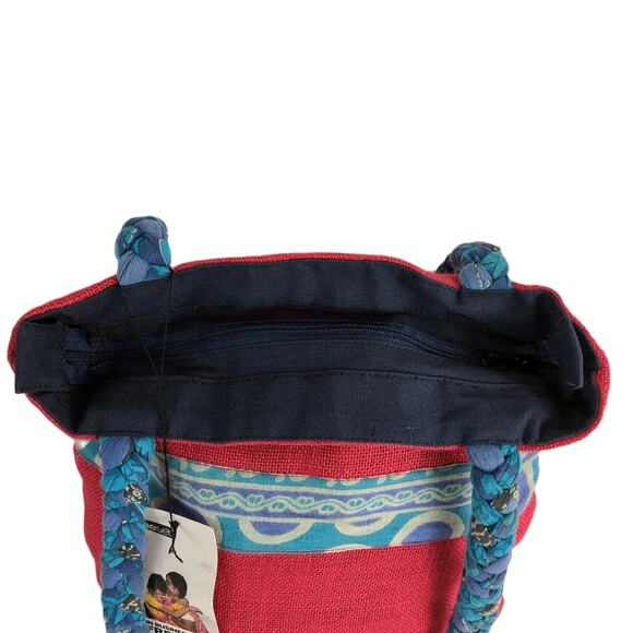 NWT FreeSet Global Red Burlap Tote Bag Ethically Made in India, Braided Handles - Picture 9 of 10